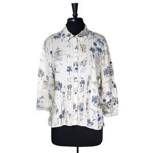 J. Jill Women's Shirt Button Up Beige City Print Spring Pleated Ruffle Top PL